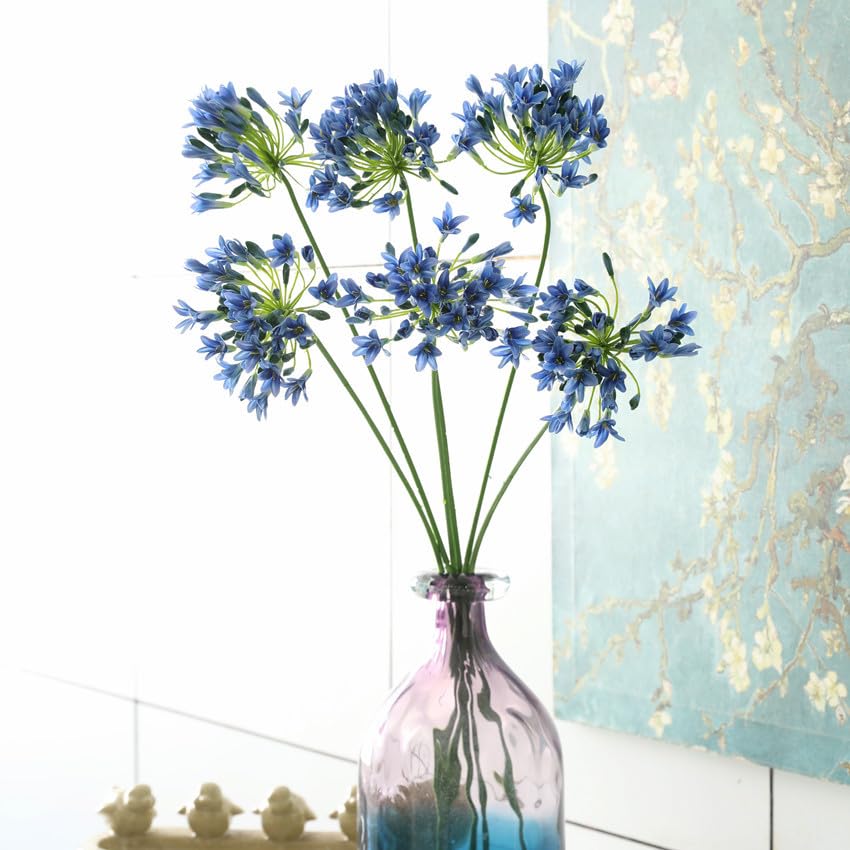 Htmeing 6PCS Artificial Agapanthus Flowers Long Stems Silk Lily Flowers for Home Hotel Flower Arrangement Party Decor (Blue) - color: Blue