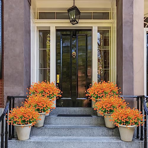 AGIRL 24 Bundles Artificial Fall Flowers Outdoor Indoor Decoration,Fake Plastic Flowers,Faux Mums Plant for Thanksgiving Fall Decor,for Hanging Outside Garden Front Door Porch Patio Window Box - color: Orange Red, size: 24