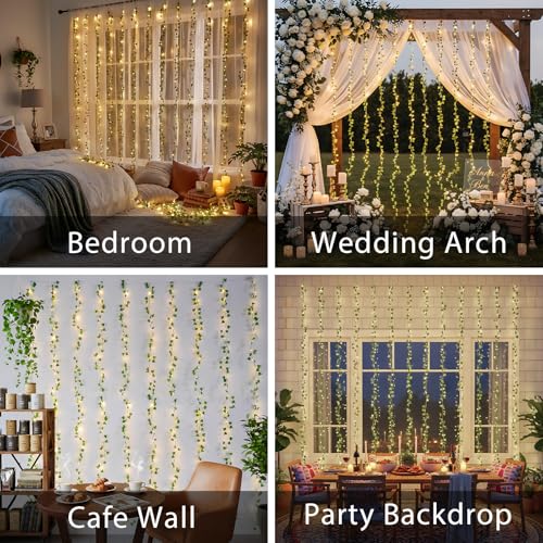 suddus 300 LED Vines with Lights Plug in, 9.8ft x 9.8ft Fairy Lights with Vines, Ivy Curtain Lights for Wall, Bedroom, Dorm, Wedding, Party, Indoor, Outdoor Decor(Warm White) - color: Ivy, size: Plug In-300Led