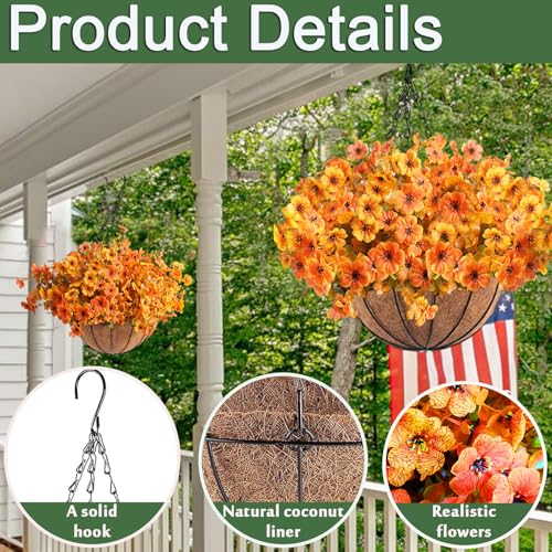 Orgrimmar 2pcs Artificial Fall Mums Hanging Basket Fake Flower Plant Orange | UV Resistant Realistic Silk Mums & Eucalyptus, Coconut Lining Baskets for Home Porch Balcony Patio Yard - color: Orange