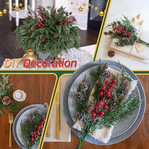 Faux Cedar Stems Artificial Norfolk Pine Branches for Christmas Decorations, 17 PCS Faux Pine Stems with Pinecones Red Berries Branches Realistic Faux Greenery for Vases DIY Garland Xmas Table Indoor - color: 12 Pcs Cedar Stems, 3 Pcs Red Berry Stems, 2 P
