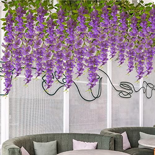 CISDUEO 2 Pcs Wisteria Hanging Flowers Vines Purple Wisteria Flowers Vine Garland Artificial Wisteria Vines Hanging Flower Silk for Wedding Arch Party Garden Home Decor Table Backdrop 6 Feet - color: Purple