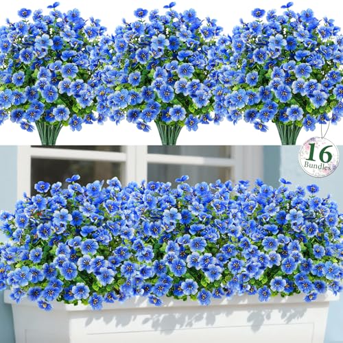 Bassion Artificial Flowers for Outdoors, 16 Bundles UV Resistant Fake Flowers Realistic Silk Faux Plants for Outdoor Planter Window Box Porch Patio Garden Home Outside Decorations - color: Blue
