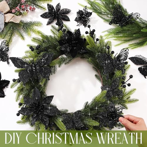 Thiccywoov 122 Pcs Christmas Glitter Poinsettia Artificial Flowers Berry Picks Butterfly Christmas Tree Ornaments 3 Styles Poinsettia kit with Clip for Xmas Wreath Home Tree Decor(Black) - color: Black