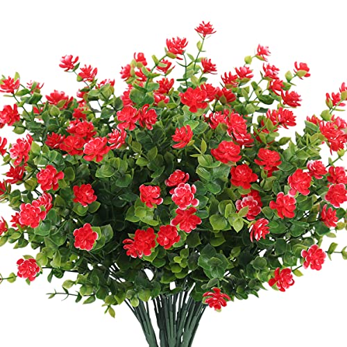 Outdoor Artificial Plant UV Resistant Fake Stems Plants, Faux Plastic Greenery for Indoor Outside Hanging Plants Garden Porch Window Box Home Wedding Farmhouse Outdoor Decorations for Patio (Red) - color: Red, size: 8 Pcs