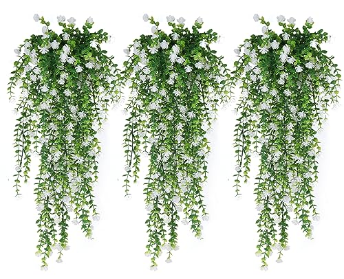 RECUTMS Artificial Hanging Plants Fake Hanging Plant Faux Eucalyptus Leaf Greenery Vine Outdoor UV Resistant Plastic Plants Home Garden Wedding Party Indoor Outdoor Decorations(White) - color: White, size: Hanging Plants