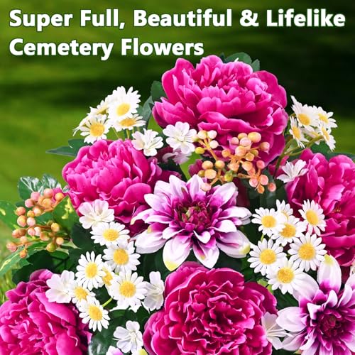 Dolicer Artificial Cemetery Flowers for Grave, Set of 2 Memorial Grave Flowers for Cemetery with Vase Realistic Silk Gravesites UV Resistant Peony Daisies Flowers Decorations (Red with White) - color: Rose Red