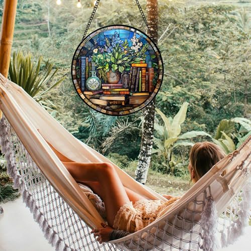 Stained Glass Window Hanging Teal Flower Vintage Books 6.3" - Blue Suncatcher Door Garden Sun Catcher Home Decor Birthday Christmas for Mom Men Woman Nana Friend - color: Blue and Brown, size: 6.3x6.3 IN
