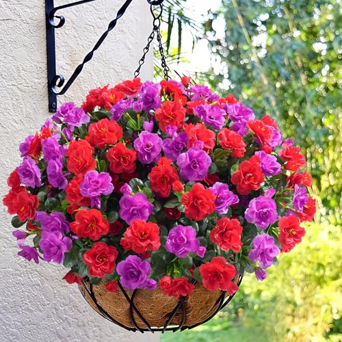 Artificial Fake Outdoor Flowers Plants, Faux Silk Camellia Bundles UV Resistant No Fade Realistic for Planter Pot Outside Porch Patio Balcony Garden Yard Home Decor, 3 Large Bundles (Red + Fuchsia) - color: Red +Fuchsia