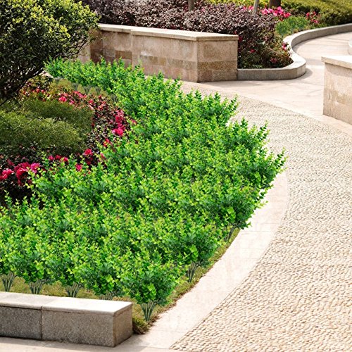 Artificial Plants Flowers Faux Boxwood Shrubs 6 Pack, Lifelike Fake Greenery Foliage with 42 Stems for Garden, Patio Yard, Wedding, Office and Farmhouse Indoor Outdoor Decor
