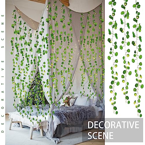 Unittype 15 Pcs 6.6 ft 300 LED Fake Ivy Vines with Lights for Bedroom String Fairy Light Curtain Artificial Hanging Vines Plant Garland with Light for Wall Outdoor Indoor Decor(Eucalyptus Leaf) - style: Eucalyptus Leaf