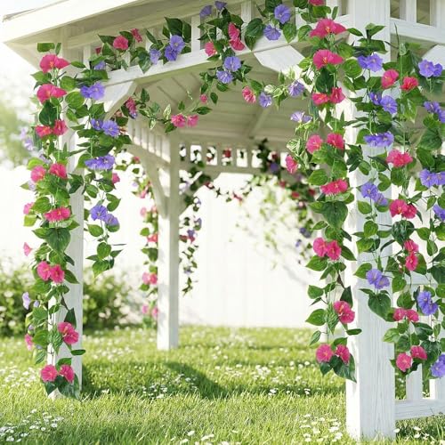 GTIDEA 4Pcs Fake Vines 30Feet Artificial Hanging Morning Glory Flower Garland Mixed Color Faux Vines for Outdoors for Wall Fence Indoor Wedding Decor - color: Purple & Red-4pcs