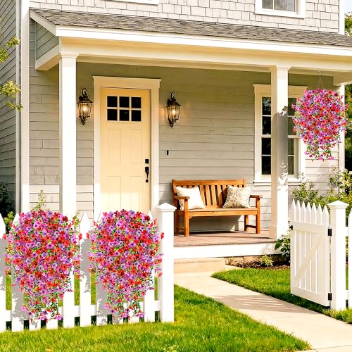 5PCS Artificial Faux Hanging Flowers Plants for Outdoor Decor,Fake Silk Daisy Flowers with Eucalyptus UV Resistant Realistic Vines for Home Porch Patio Balcony Yard Decor (Hot pink Red Purple) - color: Hot Pink Red Purple