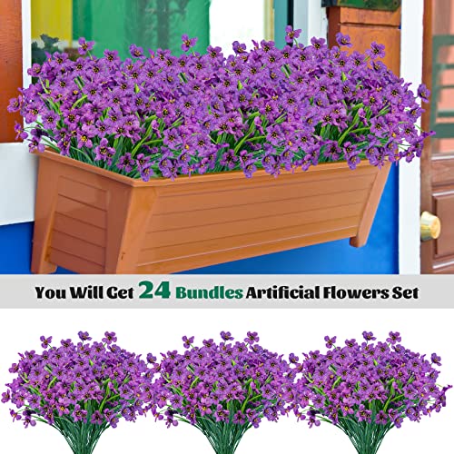 Lnoicy 24 Pcs Artificial Flowers for Outdoor,Plastic Flowers Decoration, UV Resistant Faux Flowers Shrubs, Artificial Plants for Indoor Outside Garden Home Wedding Farmhouse（Purple - color: Purple, size: 24