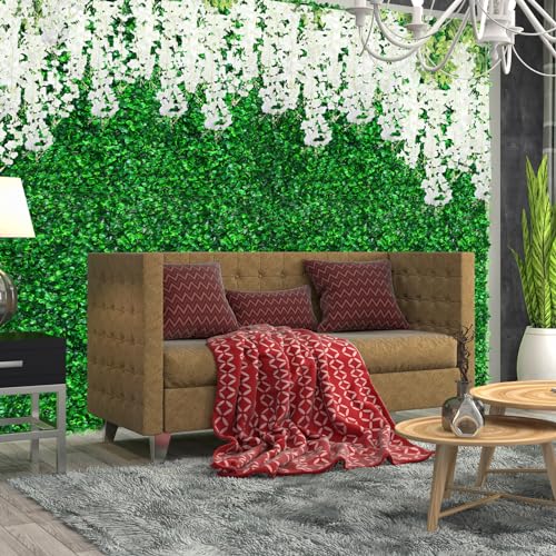 54 Pack Greenery Backdrop with Flowers Include 18 Pcs 16" x 24" Grass Wall Panels Artificial Hedge Boxwood Panels 36 Pcs 3.6 Feet Wisteria Hanging Flowers Garland for Wedding Summer(White) - color: White