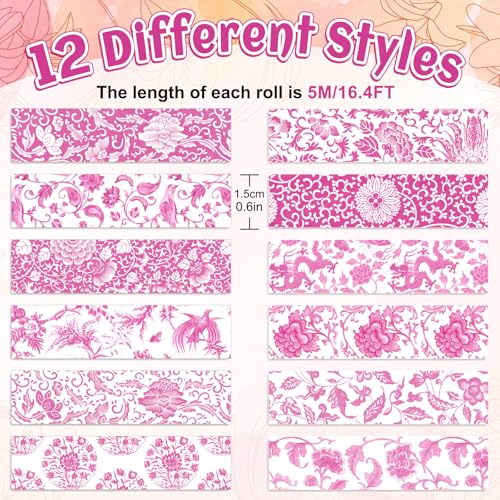 Whaline 12 Rolls Pink Floral Washi Tapes Chinoiserie Flower Decorative Masking Tape Set Vintage Wrapping Paper Tape for Scrapbook Journal DIY Art Crafts - color: Pink