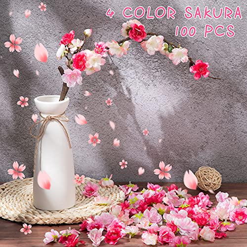 Dilunave 100 Pcs Artificial Cherry Blossom Flower Heads for Crafts Bulk Faux Silk Plum Blossom Petals for DIY Gift Accessories Wedding Floral Party Decoration, 1.5 Inch (4 Colors) - color: 4 Colors