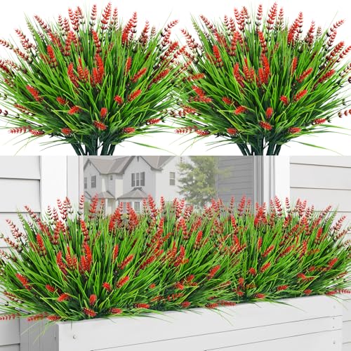 Bassion Artificial Flowers for Outdoors, 24 Bundles Fake Lavender Flowers UV Resistant Red Plastic Plants Faux Monkey Grass for Home Porch Garden Window Box Indoor Outdoor Decorations - color: Red, size: 24 Bundles