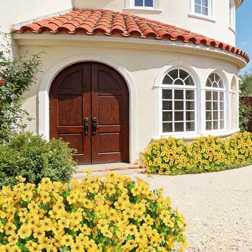 Roberly Artificial Flowers for Outdoors, UV Resistant Silk Faux Flowers Daisy with Eucalyptus Greenery Stems Fake Plastic Plants for Spring Summer Patio Garden Home Decor, 18 Bundles, Yellow - color: Yellow