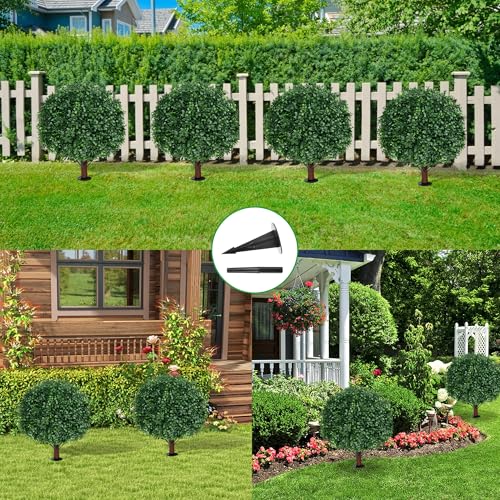 Grooy Artificial Boxwood Topiary Ball Tree with Ground Spike, Set of 4 Artificial Shrub Bushes, Fake Evergreen Tree for Porch, Artificial Plants for Outdoor Planters Indoor UV Resistant - color: Boxwood Ball 4pcs