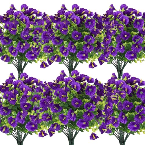 SJL Artificial Faux Outdoor Flowers Spring Summer Decoration 10 Bundles Fake Plastic Plants Artificial Morning Glory UV Resistant Flowers for Outside Front Porch Garden Backyard Decor(Purple) - color: Bundle Purple