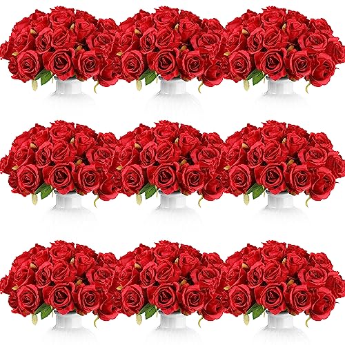 Jexine 120 Pcs Artificial Rose Flowers Bouquet Bulk Silk Realistic Fake Flowers for Wedding Anniversary Bridal Bouquet DIY Floral Arrangement Romantic Home Decor Gifts(Red) - color: Red
