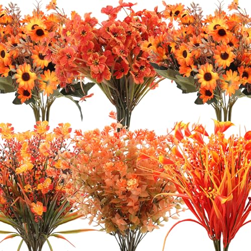 18 Bundles Artificial Fall Flowers for Outdoor Decor - UV Resistant Fake Mums Daisy & Faux Eucalyptus Plants for Indoor，Outdoor Autumn Decorations, Porch, Garden, Fireplace, Thanksgiving Window Box - color: Fall a