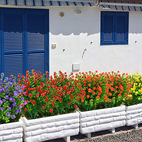 8 Bundles Outdoor Artificial Fake Flowers UV Resistant No Fade Boxwood Faux Plastic Plants for Garden Patio Porch Window Box Home Wedding Farmhouse Décor (Red) - color: Red