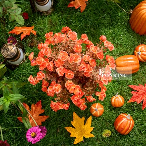 PONKING Artificial Flowers for Outdoors Patio Decoration 6 Bundles Fake Flower Rose UV Resistant Faux Plants Yard Garden Porch Home Boxwood Patio Halloween Decor, Fall Orange Flower - color: D Fall Orange Rose 6pcs
