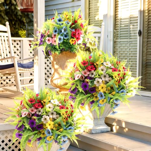 ZEOSTARO Artificial Outdoor Plants 12 Bundles Fake Boston Fern with Eucalyptus Flowers Faux UV Resistant Greenery Garden Window Box Porch Farmhouse Hanging Decor(Mix Flowers&Fern) - color: Mix Flowers&fern