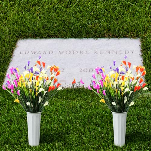 Thiccywoov Artificial Cemetery Flowers with Vase Set of 2 Artificial Calla Lily Bouquet Graveyard Memorial Flowers for Spring Summer Cemetery Headstones Decoration - color: Multicolored, size: Calla Lily