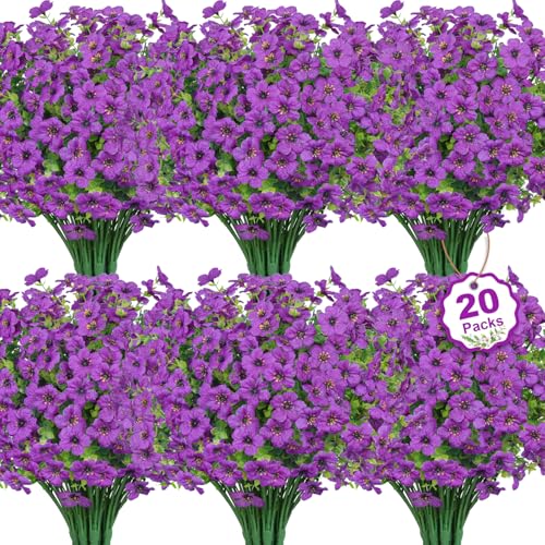 20 Bundles Artificial Flowers for Outdoors Decoration Fake Silk Flowers UV Resistant Faux Plants Artificial Daisy Eucalyptus for Spring Summer Garden Yard Porch Window Home Decor, Purple - color: Purple