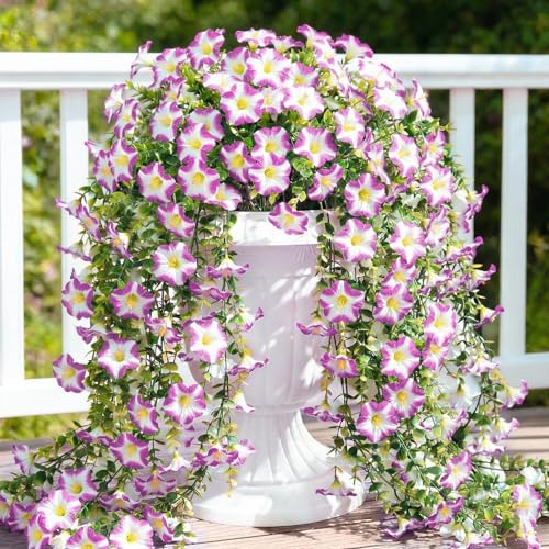 Artificial Hanging Flowers for Outdoors, 6 PCS Silk Morning Glory Artificial Flowers with Eucalyptus Leaves, UV Resistant Fake Flower Realistic Faux Plants for Home Patio Porch, Lotus Edge White - color: Lotus Edge White