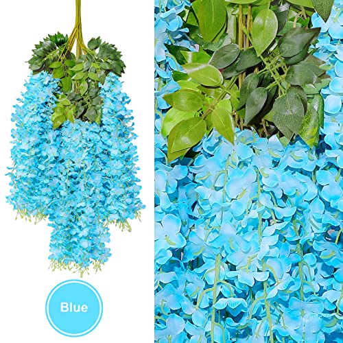 U'Artlines 24 Pack(Total 86.4 Feet) Artificial Fake Wisteria Vine Rattan Hanging Garland Silk Flowers String Home Party Wedding Decor (24, Blue) - color: Blue