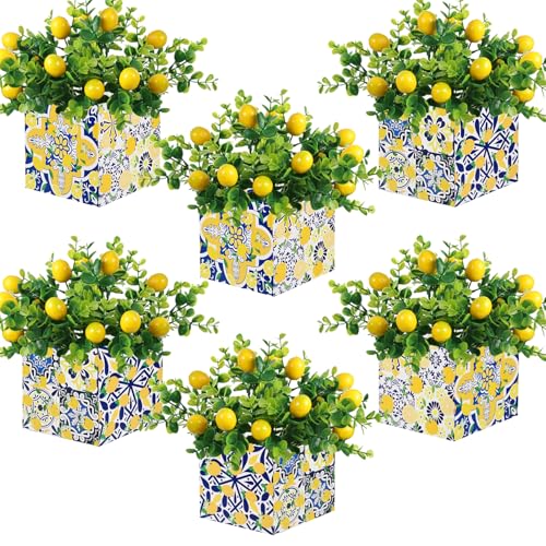 6 Sets Blue Tiles Lemon Table Centerpiece Decor Box and Artificial Lemon Branches Amalfi Coast Capri Positano Lemon Party Supplies for Capri Mediterranean Wedding Birthday Baby Shower Party Decor - color: Yellow White-b