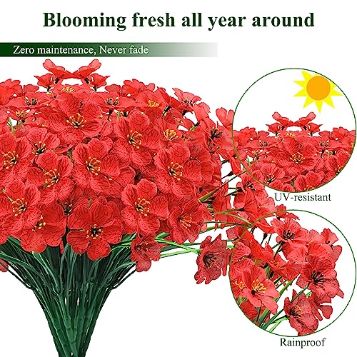 Kinisty 20 Bundles Outdoor Artificial Flowers UV Resistant with Red Faux Silk Flowers and No Fade Fake Plastic Plants for Spring Summer Outside Planters Porch Window Box Garden Decor - color: Red