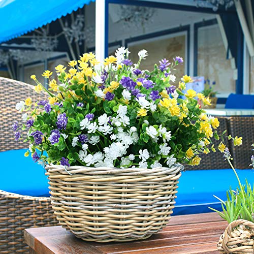 WILLBOND 12 Bundles Artificial Flowers Outdoor, UV Resistant Faux Artificial Plants Shrubs Plastic Flower Bulk for Hanging Planter Porch Window Home Spring Summer Decor(Yellow, Purple, White) - color: Yellow, Purple, White