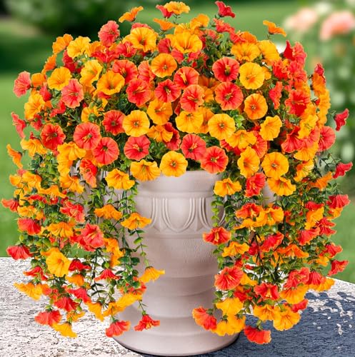 Artificial Faux Fall Hanging Flowers Plants for Outdoor Decor,2 PCS Fake Silk Morning Glory with Eucalyptus UV Resistant Realistic Vine for Wall Home Porch Patio Balcony Yard Decor,Yellow and Orange - color: Yellow+orange