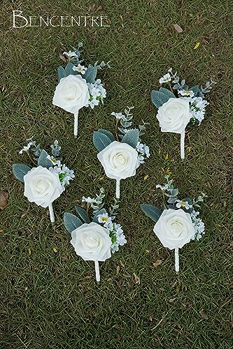 Ivory Boutonniere for Men,Prom boutonnieres, White boutonnere,Groom and Groomsmen Boutonniere for Wedding Ceremony Anniversary, Formal Dinner Party and Grad Night (Set of 6) - color: Ivory, size: set of 6