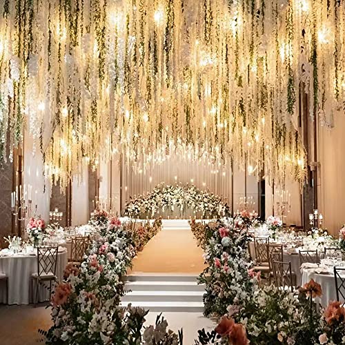 Wisteria Flower Vines Garland, Artificial Flower Strings, Fake Hanging Flowers, Silk Wisteria Garland Flowers, Flower Vine for Wedding Garden Decor (Pure White - 20 Vines) - color: Pure White - 20 Vines