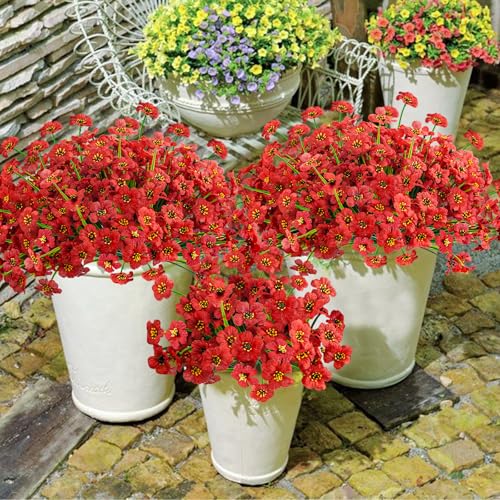 Krissing 48 Bundles Outdoor Artificial Flowers UV Resistant Fake Silk Flowers Faux Plastic Plants Outside Garden Porch Window Box Summer Decoration (Red) - color: Red