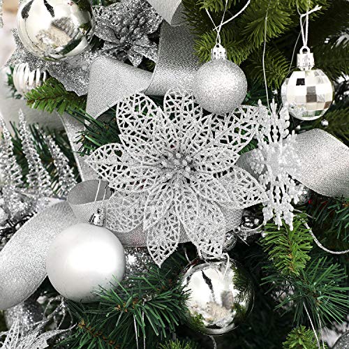 Wironlst 24 Pieces Glitter Poinsettia Flowers Christmas Tree Ornaments, Glitzy Poinsettia Bushes Christmas Decorations for Xmas/Holiday/Seasonal/Wedding (Silver) - color: Silver