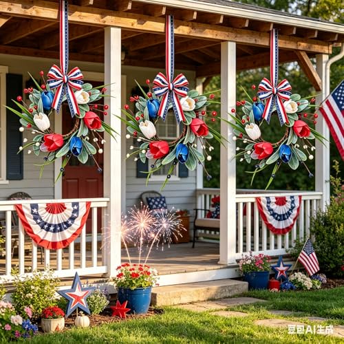 6 Pcs Patriotic Wreath Mini 4th of July Hanging Wreaths for Cabinets Artificial Red White Blue Tulip Berries Memorial Day Wreaths Pillar Candle Holder Wreath for Independence Day Porch Wall Decor - color: Patriotic-4