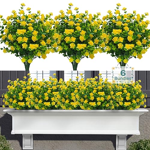 6 Bundles Artificial Fall Flowers for Outdoors,UV Resistant Fake Plastic Plants Artificial Shrubs Fall Flowers Decor of Vase and Outside Window Box, Ferns Plants for Planter-Yellow - color: Yellow, size: 6PCS