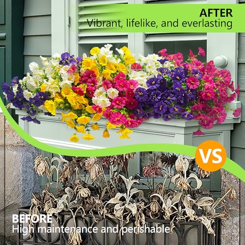 16 Bundles Artificial Flowers for Outdoor Spring Summer Decoration,Realistic Fake Silk Flowers Colorful Morning Glory UV Resistant Faux Plants for Front Door Porch Patio Planter Yard (Multi-Color) - color: Multi-color