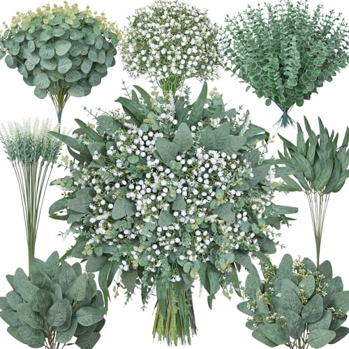 Serwalin 180 Pcs 7 Kinds Mixed Artificial Eucalyptus Greenery Stems Bulk, Baby Breath Flowers Artificial with Faux Leaves Picks for DIY Bouquets Wedding Floral Centerpieces Vase Table Home Decor