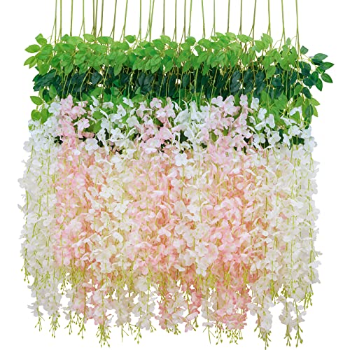 BLEUM CADE 36Pcs White & Pink Fake Wisteria Hanging Flowers, 3.6Ft/Pcs Artificial Wisteria Garland, Hanging Flowers for Wedding Party Home Backdrop Wall Decoration - color: White & Pink, size: 36pcs
