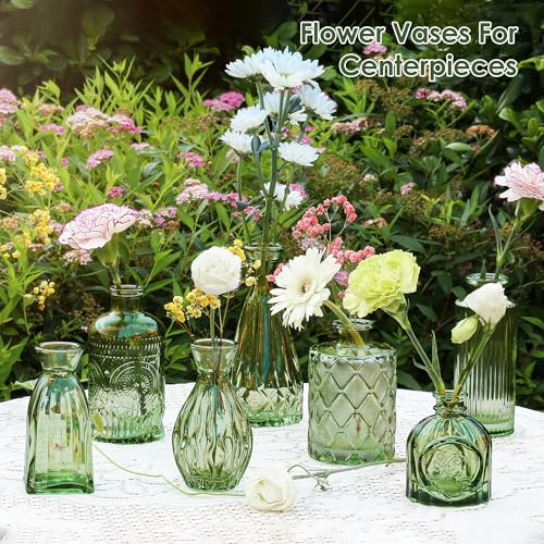 Vintage Small Glass Vases Set of 10,Mini Bud Vases for Flowers,Amber Glass Vases for Centerpieces,Wedding Decorations,Home Table Flower Decor (Hunt Green) - color: Hunt Green