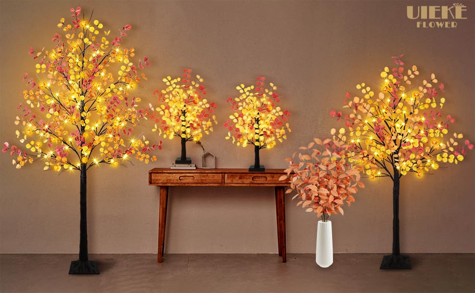 Uieke 24inch Artificial Fall Eucalyptus Tree Prelit 48 LED Tabletop Fall Tree with 12 Pumpkin Lights Battery Operated with Timer, Fall Decorations for Home Thanksgiving Halloween Decor - style: 24inch Fall Tree(2Pack)