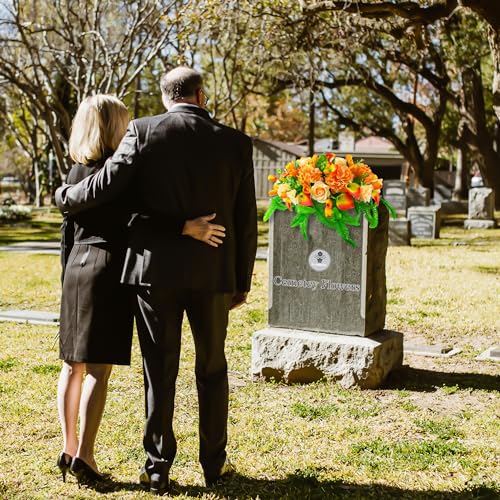 FLOWERIA Artificial Cemetery Flowers - Outdoor Grave Saddle for Headstone Decorations with Orange Roses Tulips - color: Orange, size: Saddle
